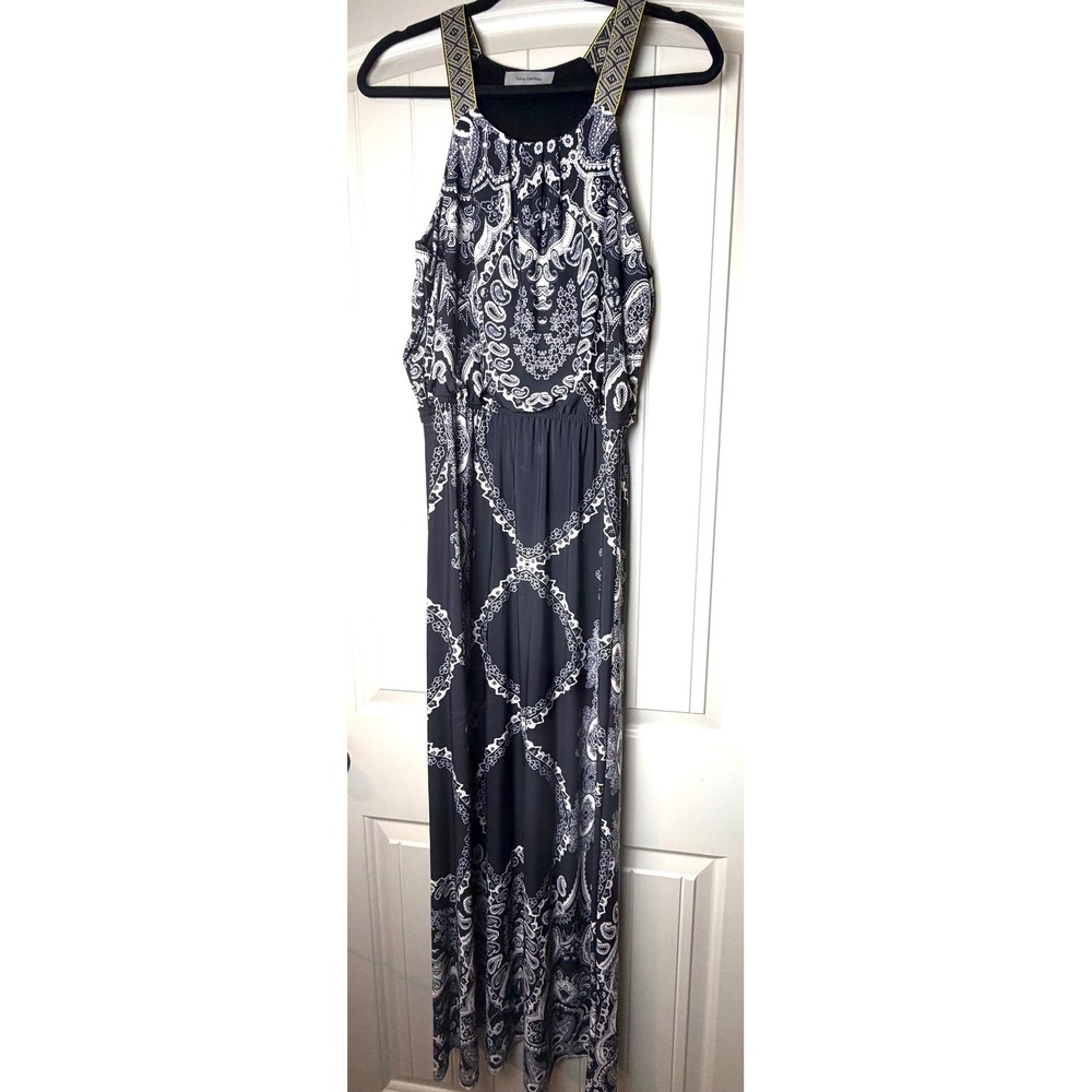 Love Luscious Black White Paisley Halter Maxi Dress Embroidered Straps Large